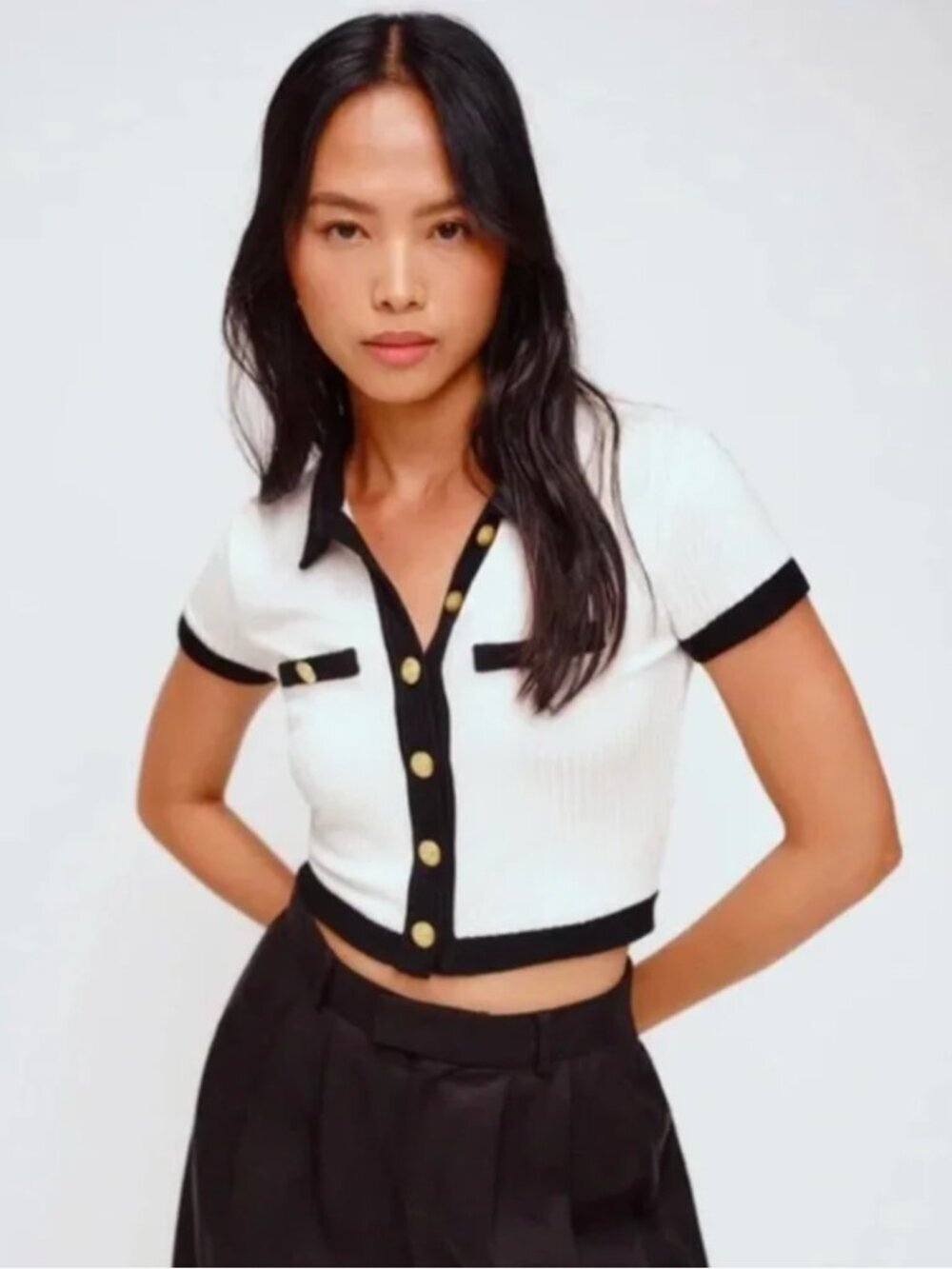 Reformation Aminara Top Black White Button Shirt Crop Short Sleeves Size Large